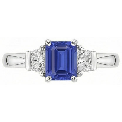 3 Stone Emerald Blue Sapphire Ring & Trapezoid Natural Earth Mined Diamonds 1.50 Carats