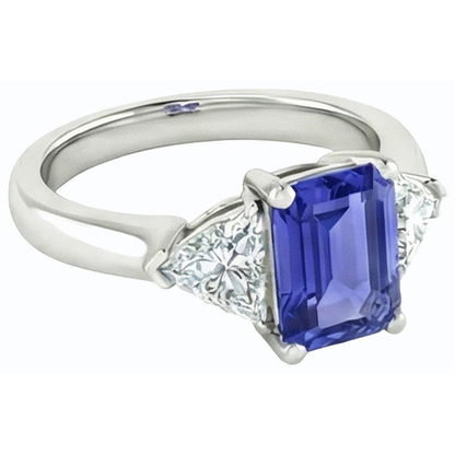 3 Stone Emerald Blue Sapphire Ring & Trillion Pair Natural Earth Mined Diamonds 2 Carats