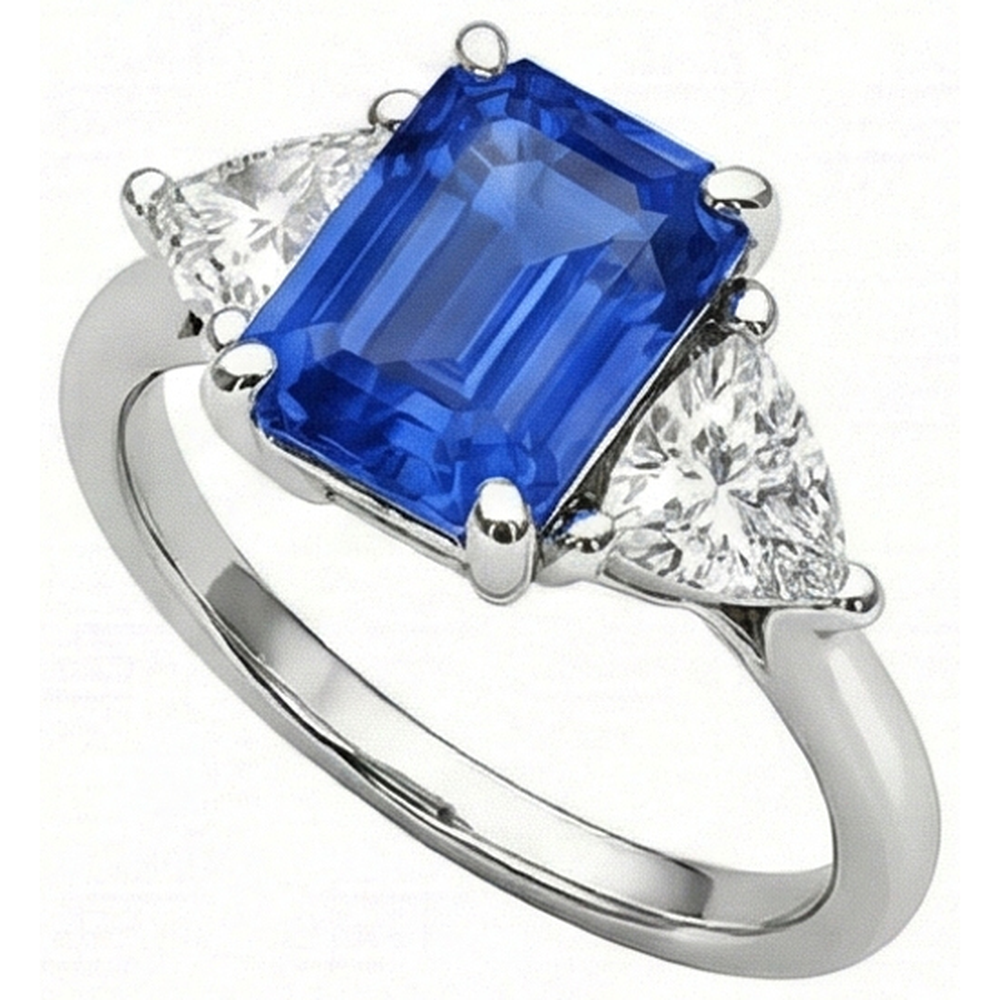 3 Stone Emerald Ceylon Sapphire & Trillion Natural Earth Mined Diamond Ring 2.50 Carats