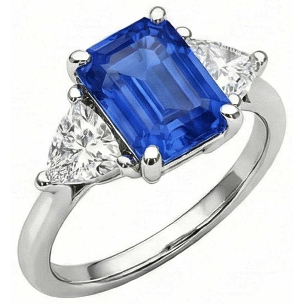 3 Stone Emerald Ceylon Sapphire & Trillion Natural Earth Mined Diamond Ring 2.50 Carats