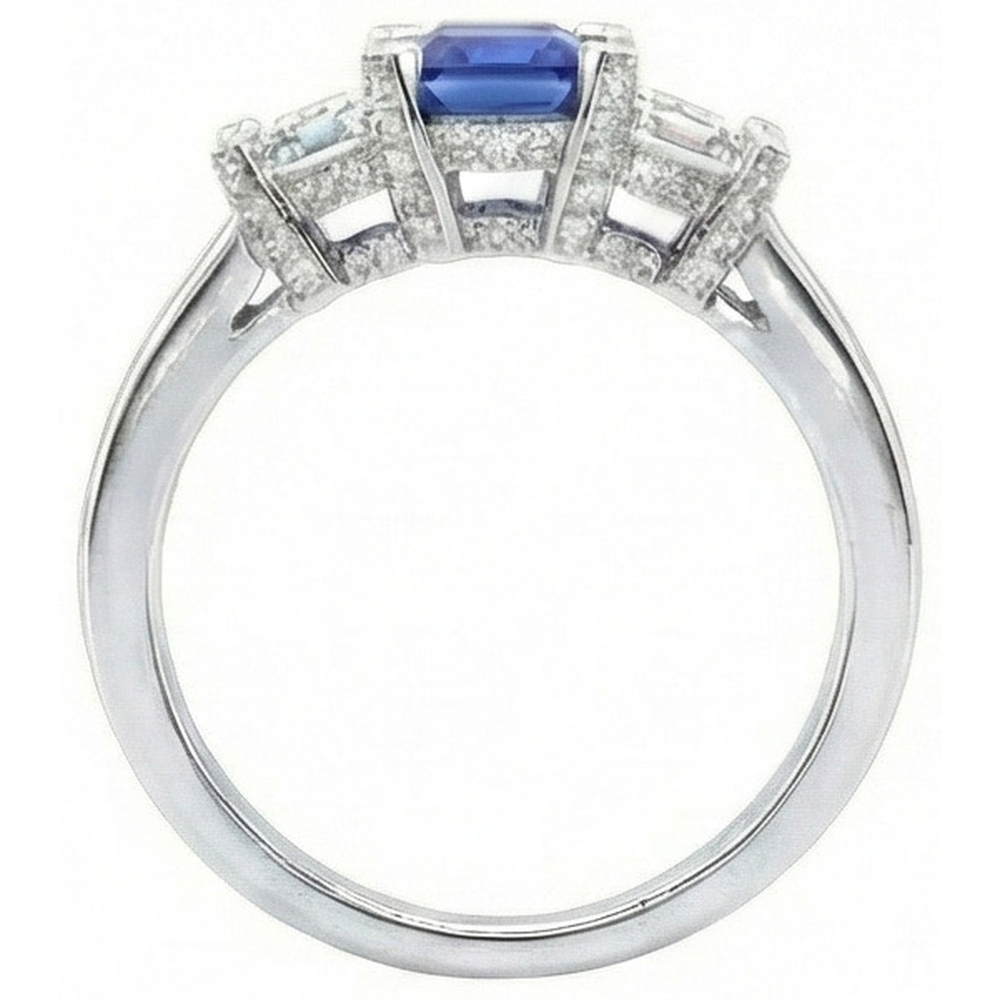 3 Stone Emerald Natural Earth Mined Diamond Blue Sapphire Ring Channel Set Accents 3 Carat