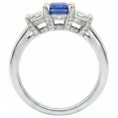 3 Stone Emerald Natural Earth Mined Diamond Blue Sapphire Ring Channel Set Accents 3 Carat