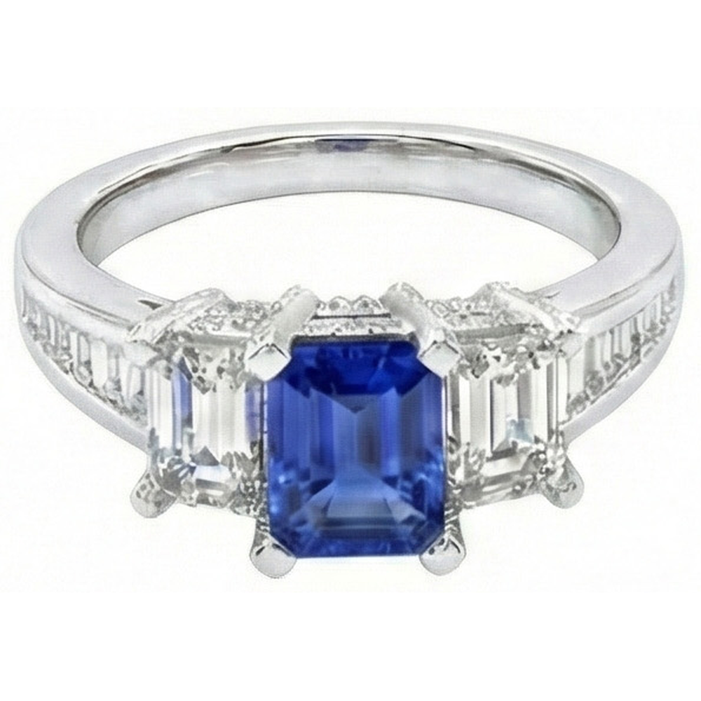 3 Stone Emerald Natural Earth Mined Diamond Blue Sapphire Ring Channel Set Accents 3 Carat