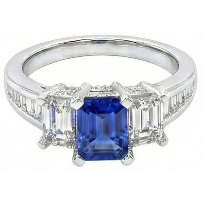 3 Stone Emerald Natural Earth Mined Diamond Blue Sapphire Ring Channel Set Accents 3 Carat