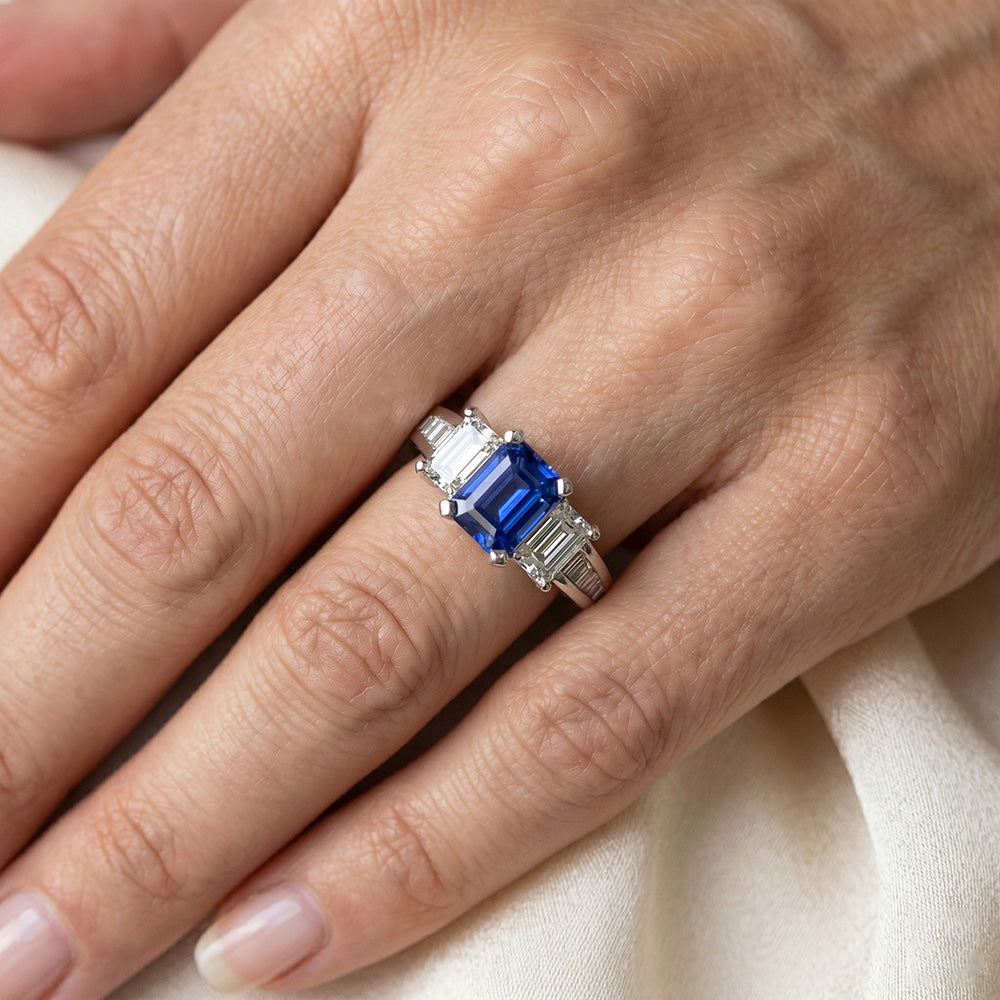 3 Stone Emerald Natural Earth Mined Diamond Blue Sapphire Ring Channel Set Accents 3 Carat