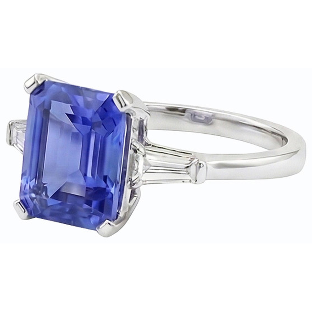 3 Stone Emerald Sapphire Ring & Tapered Baguette Natural Earth Mined Diamonds 2.25 Carats