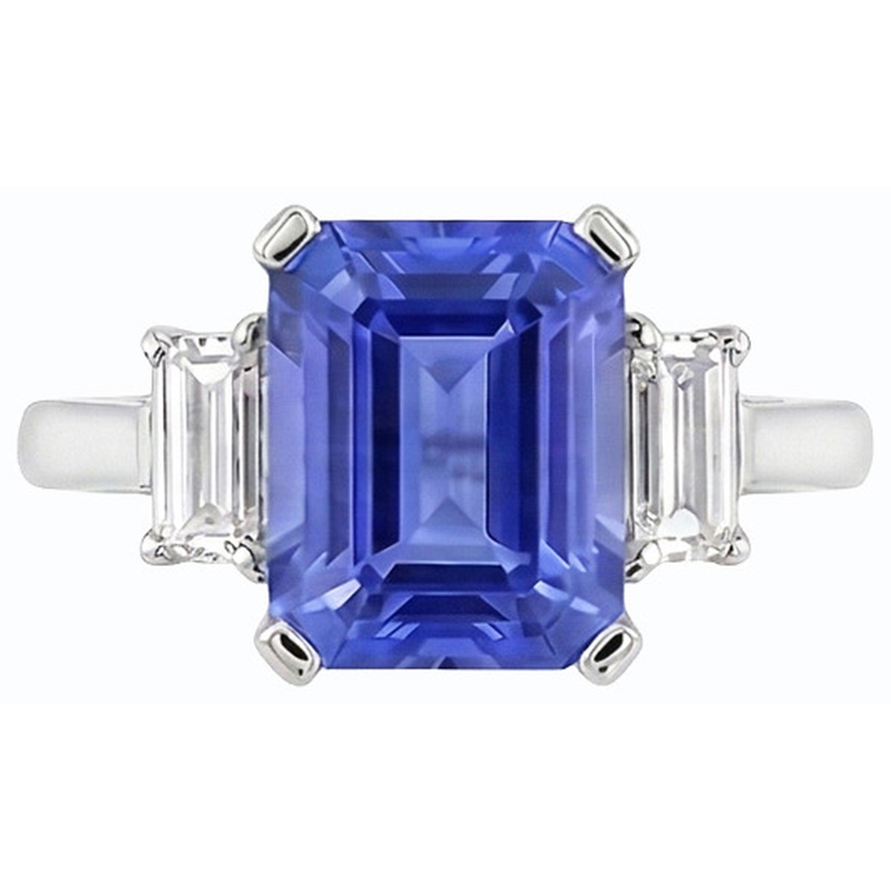 3 Stone Emerald Sapphire Ring & Tapered Baguette Natural Earth Mined Diamonds 2.25 Carats