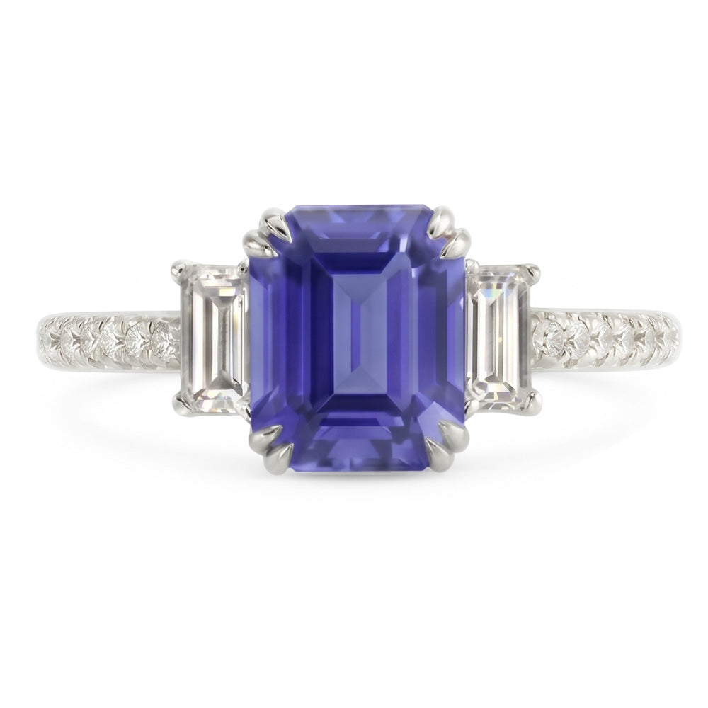 3 Stone Emerald Srilanka Sapphire Ring & Pave Set Natural Earth Mined Diamonds 3.50 Carats
