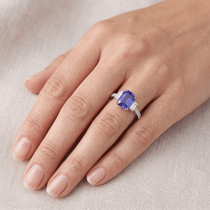 3 Stone Emerald Srilanka Sapphire Ring & Pave Set Natural Earth Mined Diamonds 3.50 Carats
