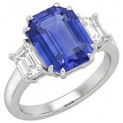 3 Stone Emerald & Trapezoid Natural Earth Mined Diamond Ceylon Sapphire Ring 3 Carats