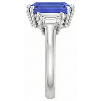 3 Stone Emerald & Trapezoid Natural Earth Mined Diamond Ceylon Sapphire Ring 3 Carats