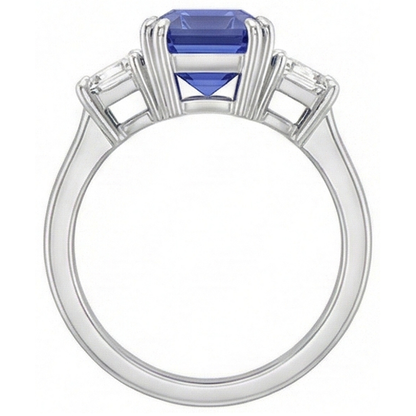 3 Stone Emerald & Trapezoid Natural Earth Mined Diamond Ceylon Sapphire Ring 3 Carats