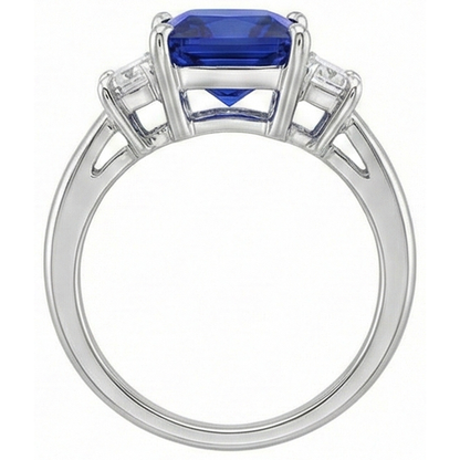 3 Stone Gold Ring Princess Blue Sapphire & Trapezoid Natural Earth Mined Diamonds 4 Carats