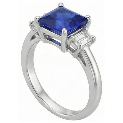 3 Stone Gold Ring Princess Blue Sapphire & Trapezoid Natural Earth Mined Diamonds 4 Carats