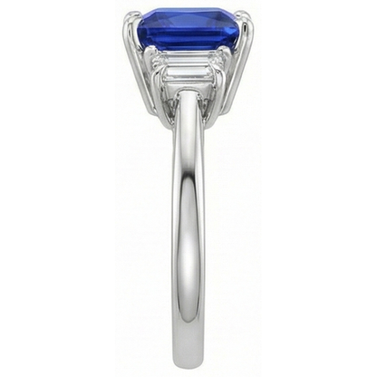 3 Stone Gold Ring Princess Blue Sapphire & Trapezoid Natural Earth Mined Diamonds 4 Carats