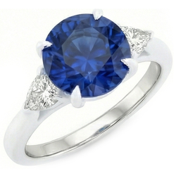 3 Stone Gold Ring Round Blue Sapphire & Trillion Natural Earth Mined Diamonds 2.50 Carats
