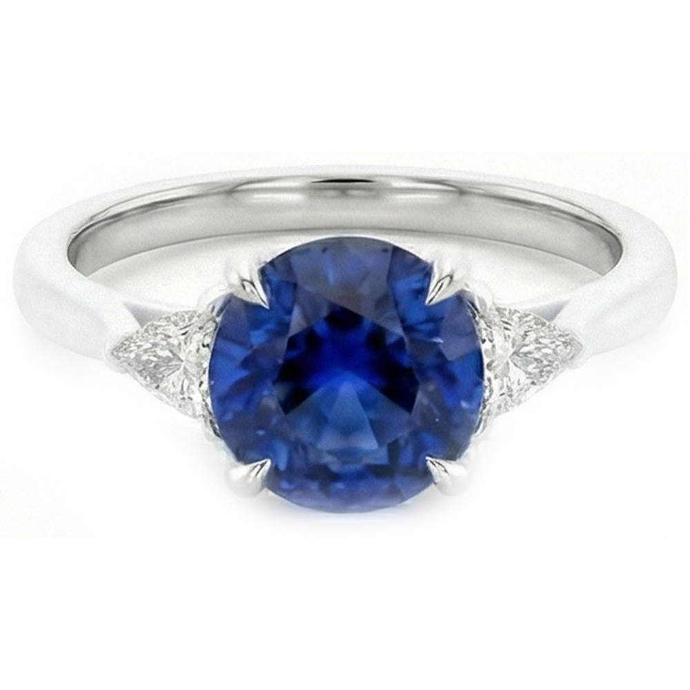 3 Stone Gold Ring Round Blue Sapphire & Trillion Natural Earth Mined Diamonds 2.50 Carats