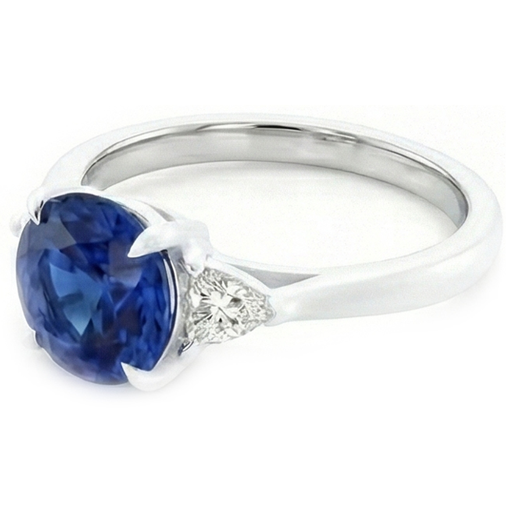 3 Stone Gold Ring Round Blue Sapphire & Trillion Natural Earth Mined Diamonds 2.50 Carats