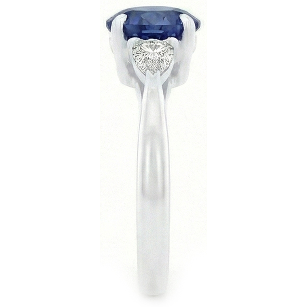 3 Stone Gold Ring Round Blue Sapphire & Trillion Natural Earth Mined Diamonds 2.50 Carats
