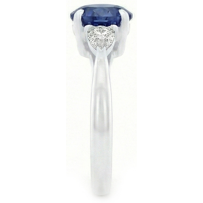 3 Stone Gold Ring Round Blue Sapphire & Trillion Natural Earth Mined Diamonds 2.50 Carats