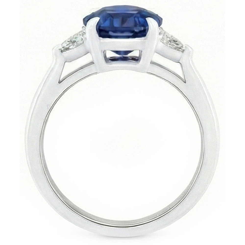 3 Stone Gold Ring Round Blue Sapphire & Trillion Natural Earth Mined Diamonds 2.50 Carats
