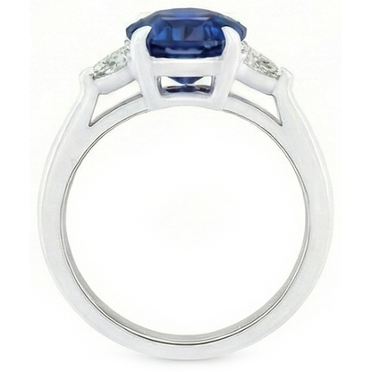 3 Stone Gold Ring Round Blue Sapphire & Trillion Natural Earth Mined Diamonds 2.50 Carats