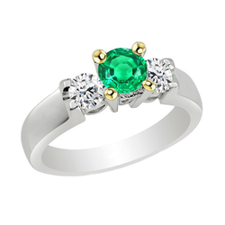 3 Stone Green Emerald Ring With Round Diamonds