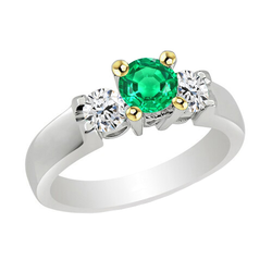 Natural Real ( Not Lab Grown ) 3 Stone Green Emerald GIA Ring With Round Diamonds