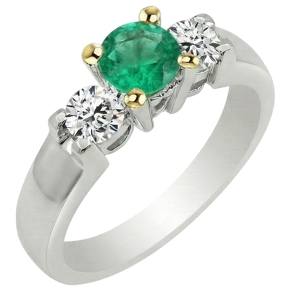 Natural Real ( Not Lab Grown ) 3 Stone Green Emerald GIA Ring With Round Diamonds