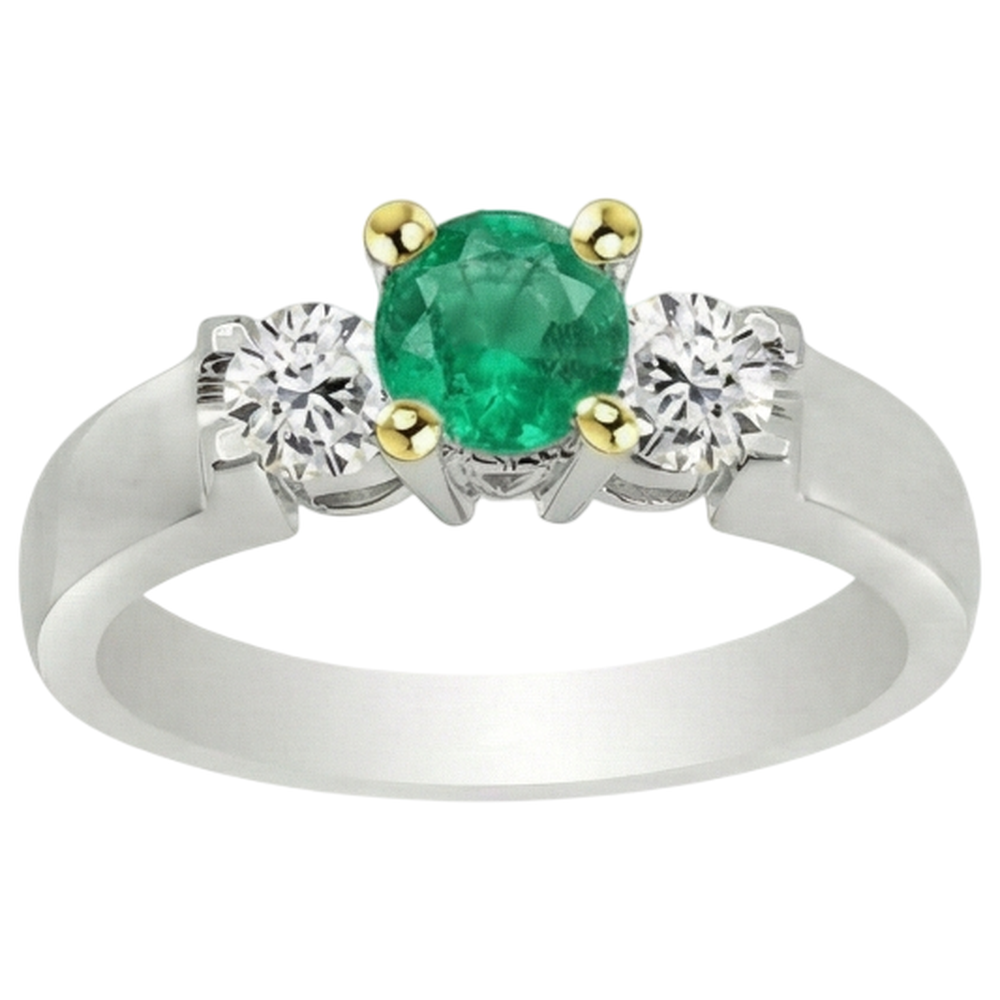 Natural Real ( Not Lab Grown ) 3 Stone Green Emerald GIA Ring With Round Diamonds