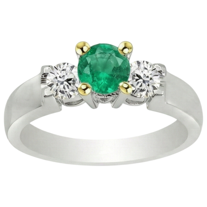 Natural Real ( Not Lab Grown ) 3 Stone Green Emerald GIA Ring With Round Diamonds