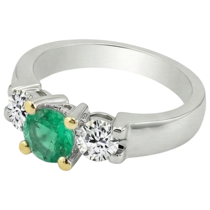 Natural Real ( Not Lab Grown ) 3 Stone Green Emerald GIA Ring With Round Diamonds