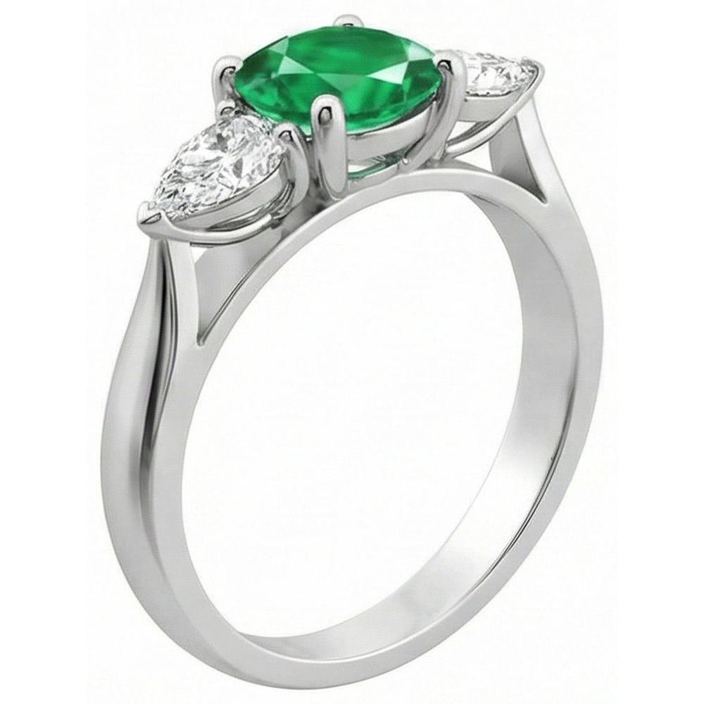 3 Stone Green Emerald GIA & Natural Earth Mined Diamonds 3 Carats Engagement Ring White Gold 14K