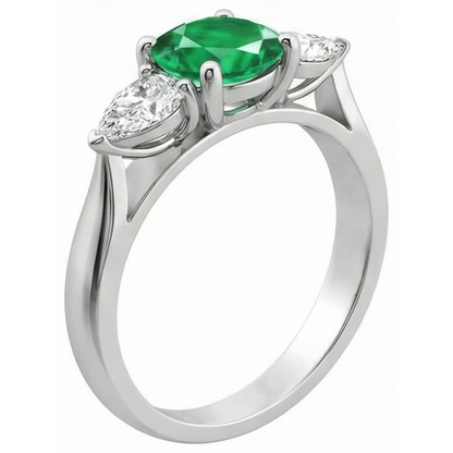 3 Stone Green Emerald GIA & Natural Earth Mined Diamonds 3 Carats Engagement Ring White Gold 14K