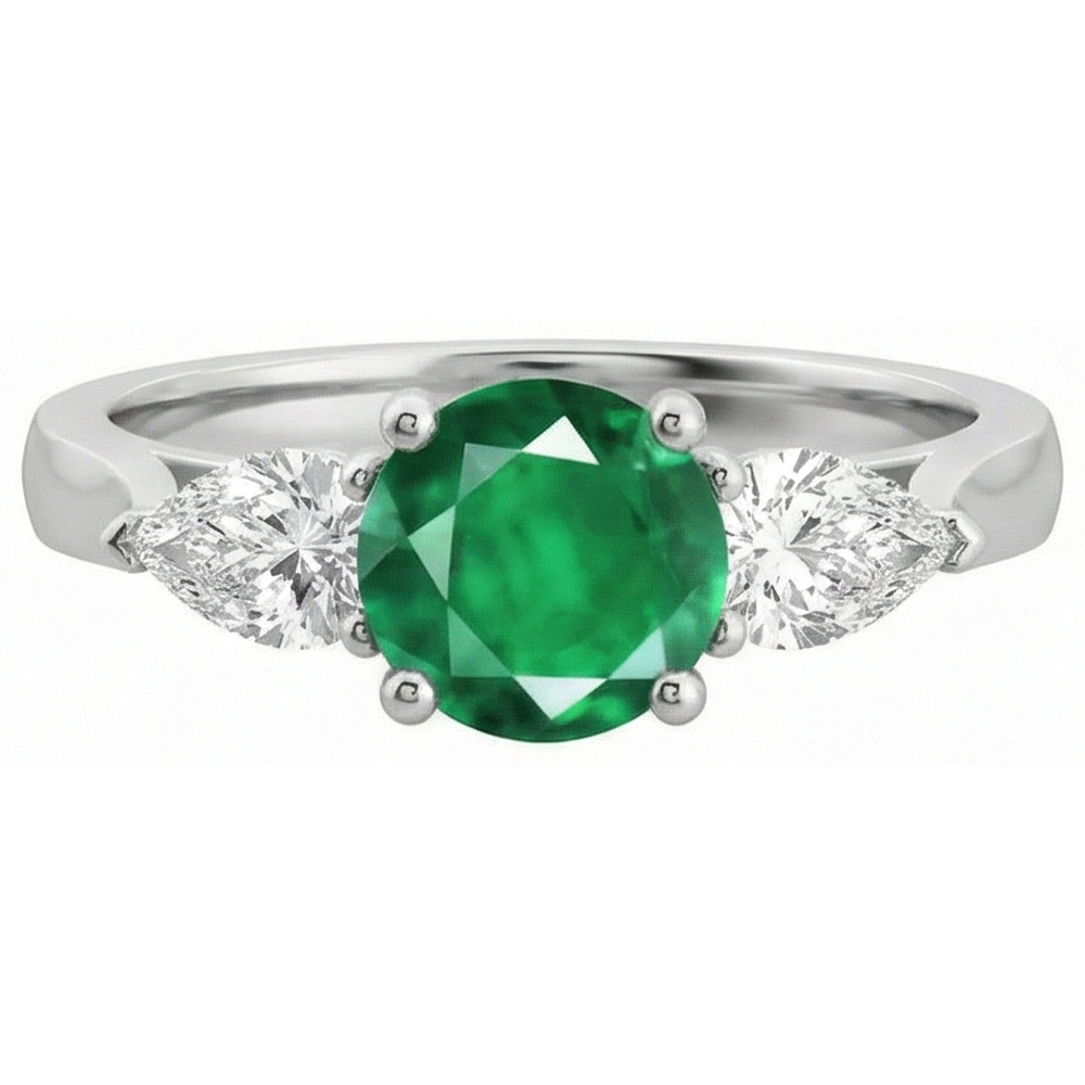 3 Stone Green Emerald GIA & Natural Earth Mined Diamonds 3 Carats Engagement Ring White Gold 14K