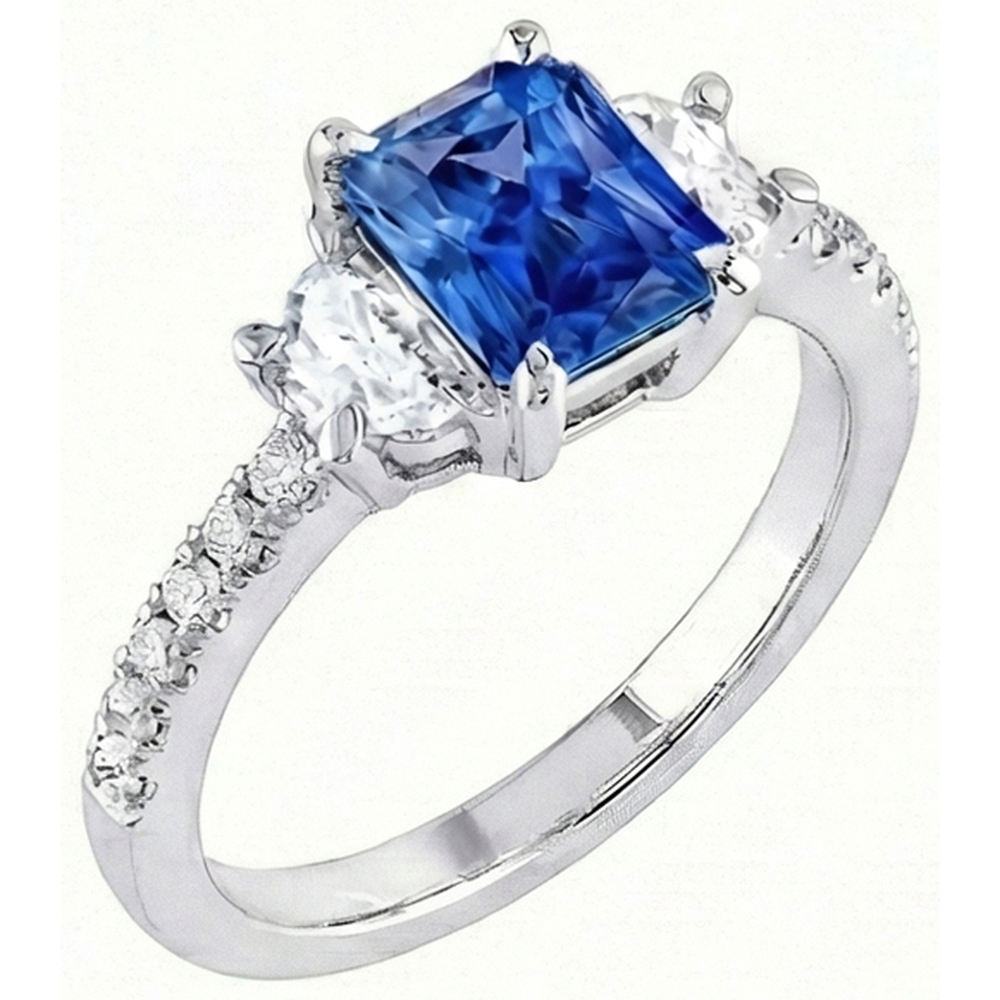 3 Stone Half Moon Natural Earth Mined Diamond Blue Sapphire Ring With Accents 3 Carats