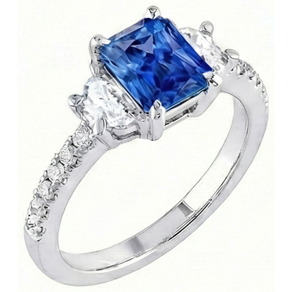 3 Stone Half Moon Natural Earth Mined Diamond Blue Sapphire Ring With Accents 3 Carats