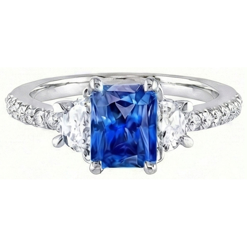 3 Stone Half Moon Natural Earth Mined Diamond Blue Sapphire Ring With Accents 3 Carats