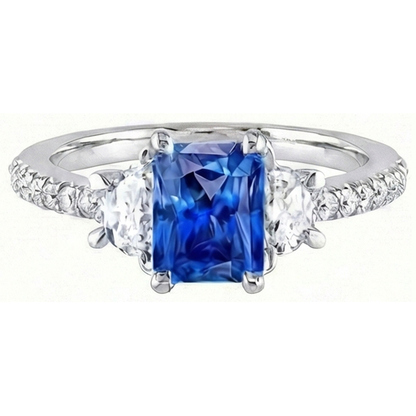 3 Stone Half Moon Natural Earth Mined Diamond Blue Sapphire Ring With Accents 3 Carats