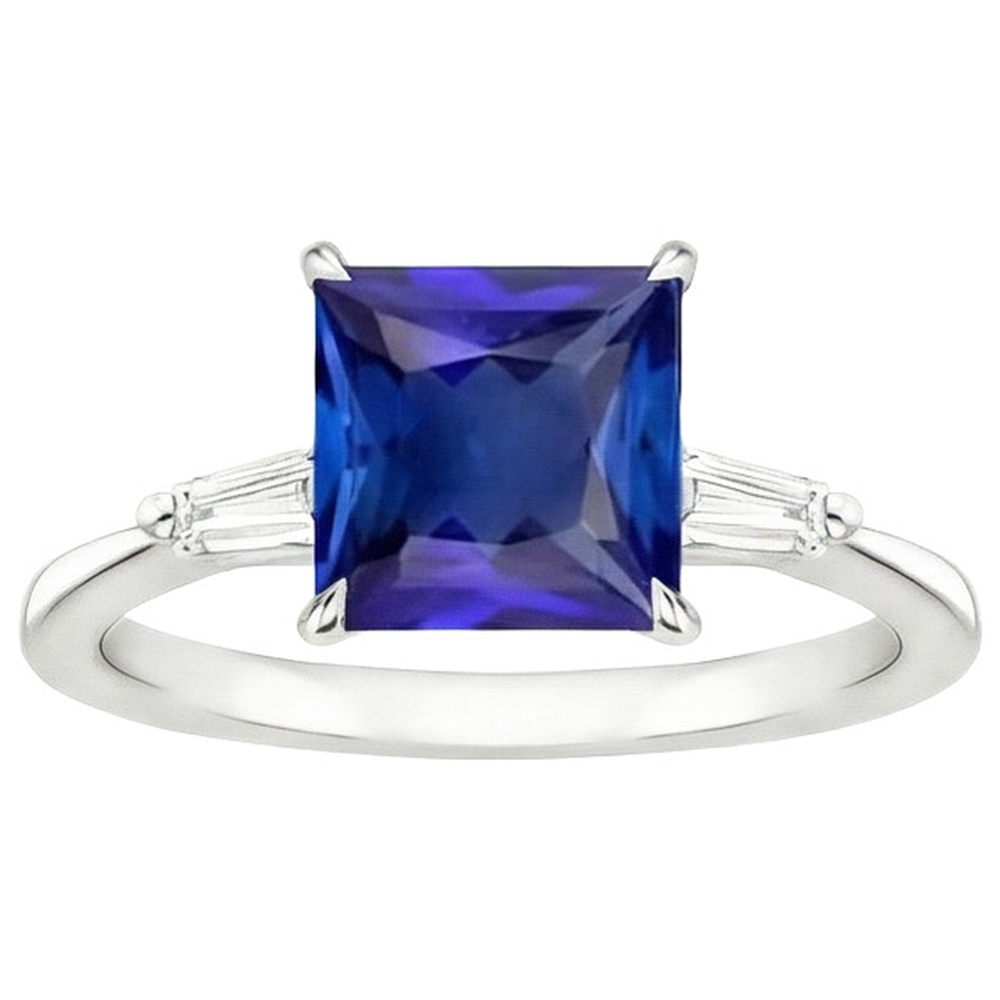 3 Stone Natural Earth Mined Diamond Ring Princess Blue Sapphire & Baguettes 5.50 Carats