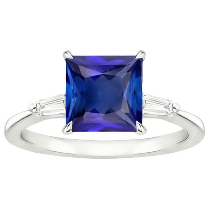 3 Stone Natural Earth Mined Diamond Ring Princess Blue Sapphire & Baguettes 5.50 Carats