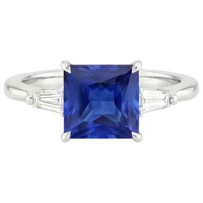3 Stone Natural Earth Mined Diamond Ring Princess Blue Sapphire & Baguettes 5.50 Carats