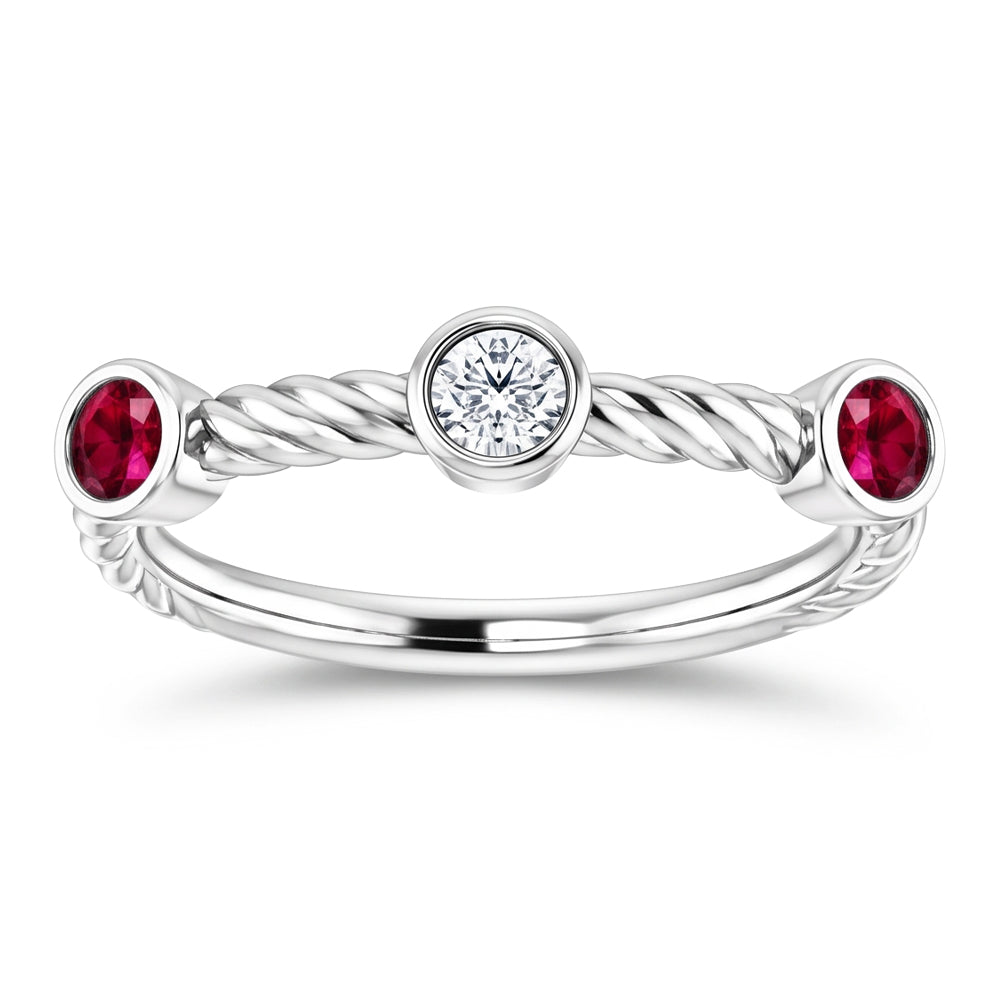 3 Stone Natural Earth Mined Diamond Ruby Ring 0.90 Carats Rope Twisted Jewelry New