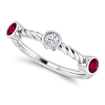 3 Stone Natural Earth Mined Diamond Ruby Ring 0.90 Carats Rope Twisted Jewelry New