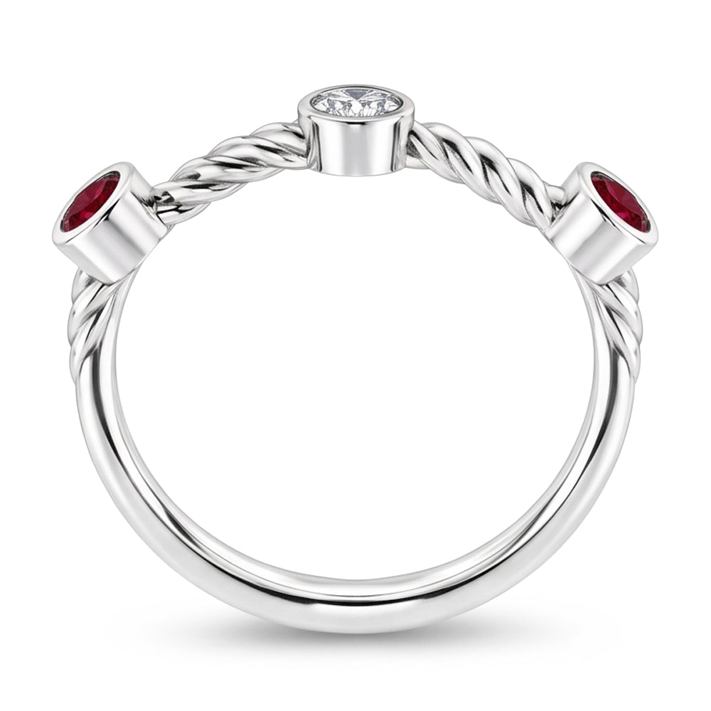 3 Stone Natural Earth Mined Diamond Ruby Ring 0.90 Carats Rope Twisted Jewelry New