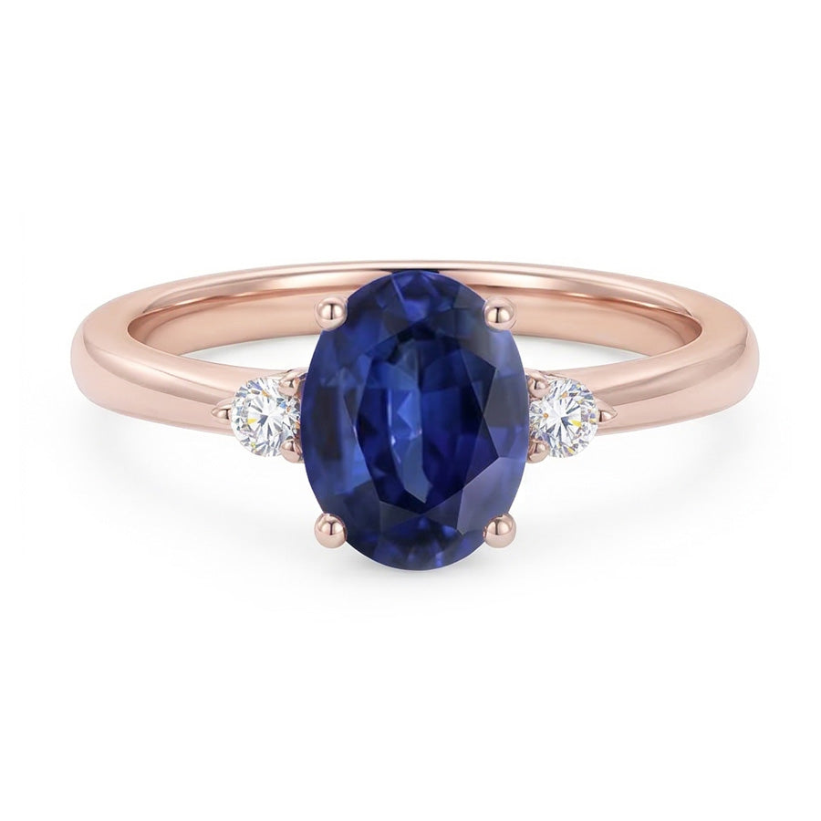 3 Stone Oval Cut Sapphire Ring With Small Round Natural Earth Mined Diamonds 2.25 Carats