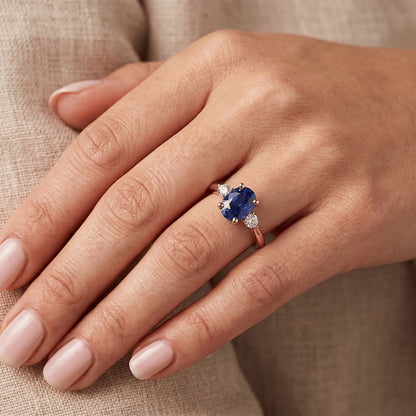 3 Stone Oval Cut Sapphire Ring With Small Round Natural Earth Mined Diamonds 2.25 Carats