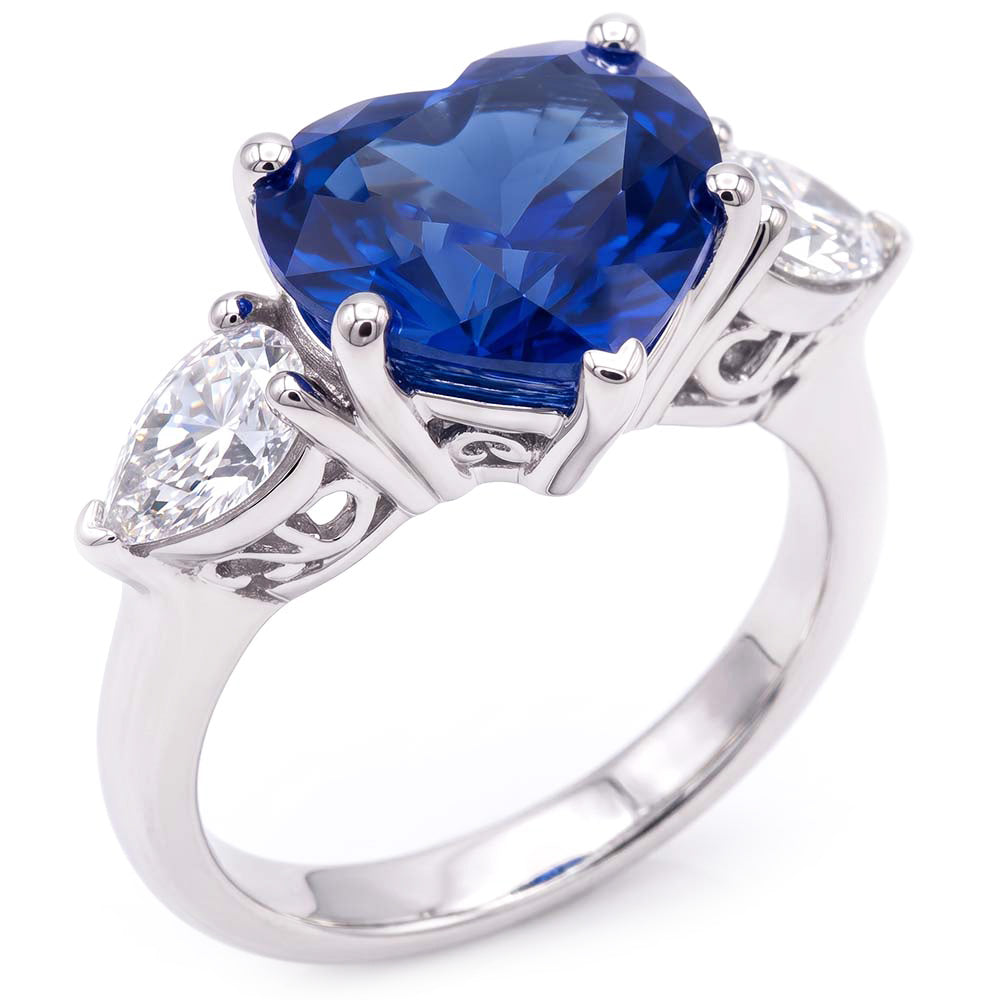 3 Stone Pear Natural Earth Mined Diamond & Heart Blue Sapphire Ring 3 Carats Gold Jewelry