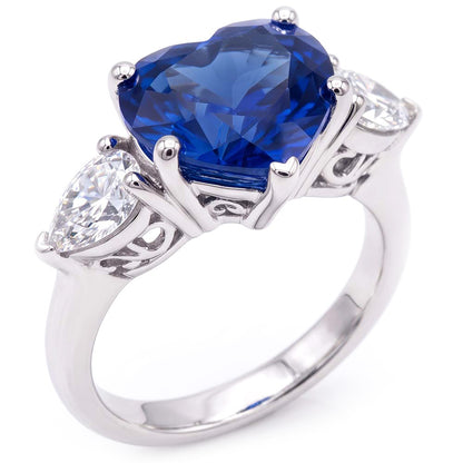 3 Stone Pear Natural Earth Mined Diamond & Heart Blue Sapphire Ring 3 Carats Gold Jewelry