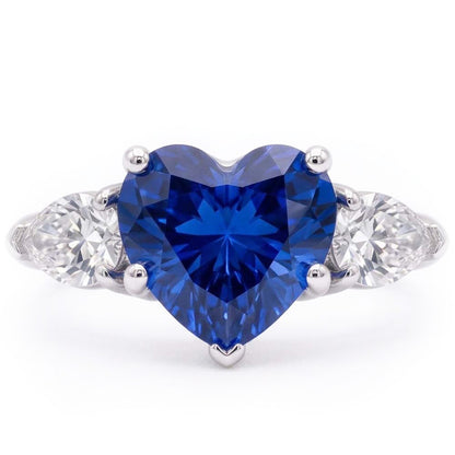 3 Stone Pear Natural Earth Mined Diamond & Heart Blue Sapphire Ring 3 Carats Gold Jewelry
